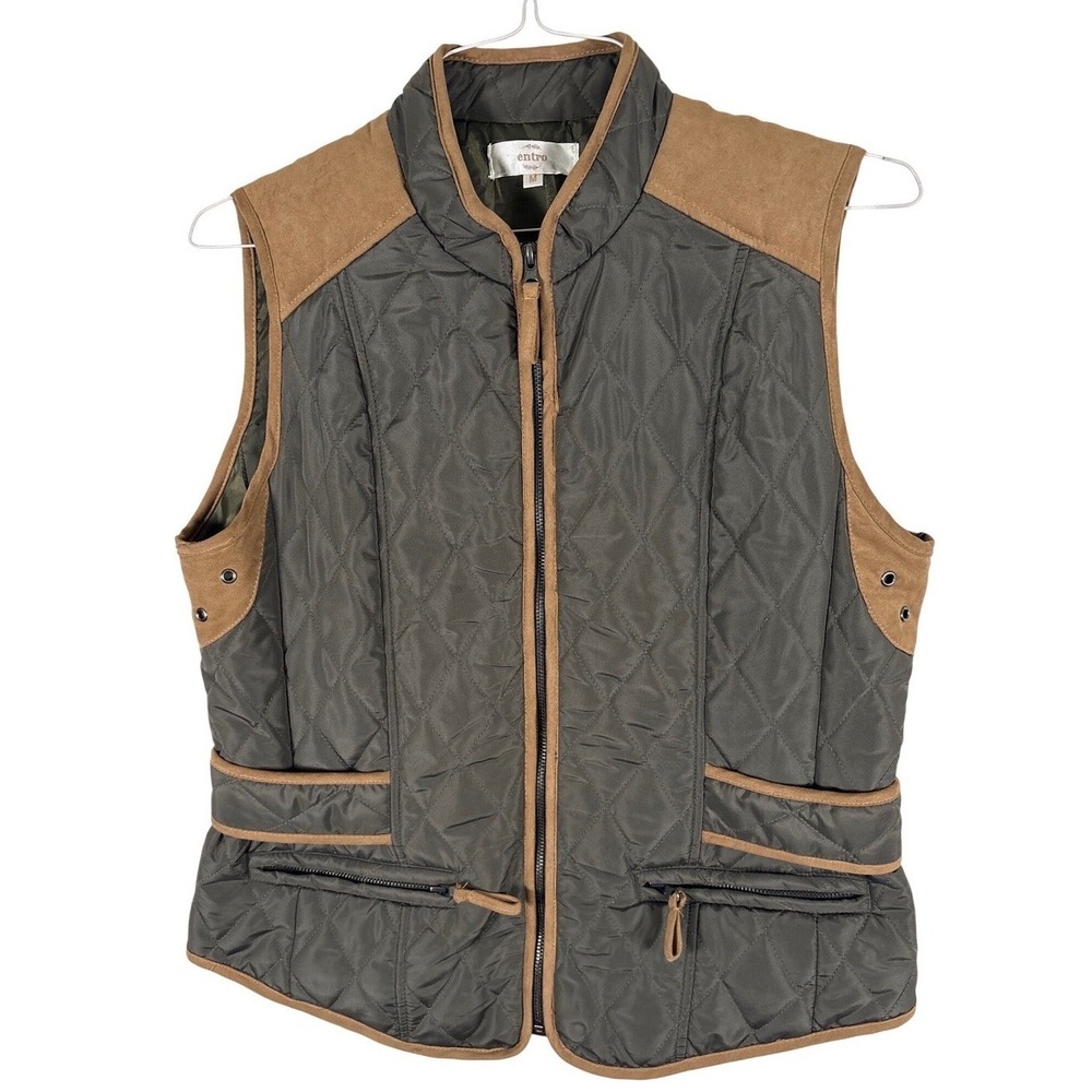 Entro Womens Quilted Puffer Vest Olive Green Tan Suede Trim Equestrian J3373 M